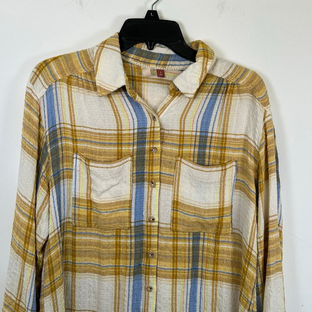 UO Pilcro Women Plaid Button Up Shirt Small Yellow Blue Soft Viscose Pockets EUC